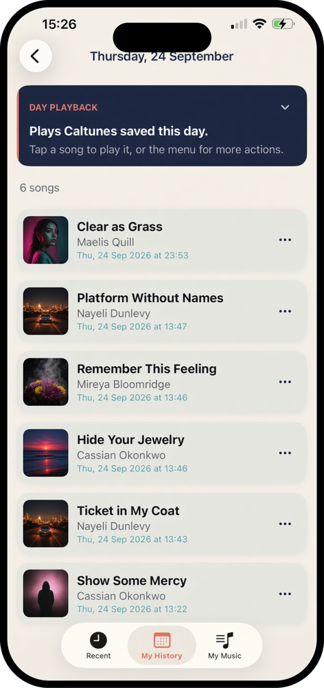 A day in Caltunes listing every song that played